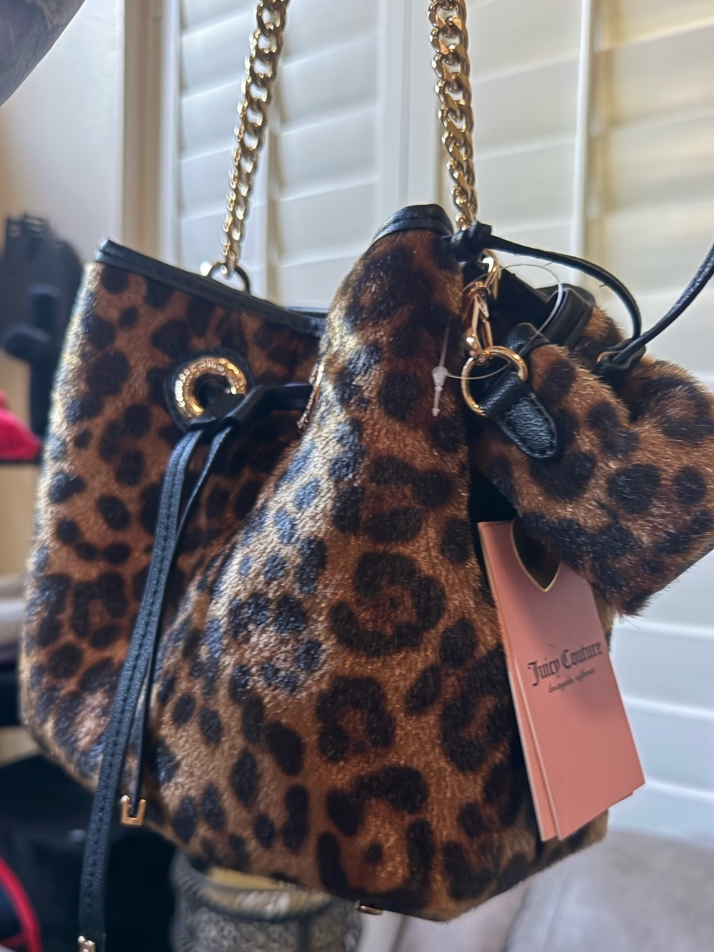 Juicy Couture Leopard Print Drawstring Tote with Gold Chain Straps